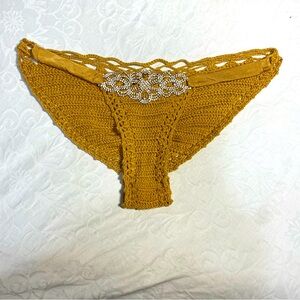 Crochet Swim Bikini Bottoms with Rhinestone Diamond Emblem Embellishment Bling